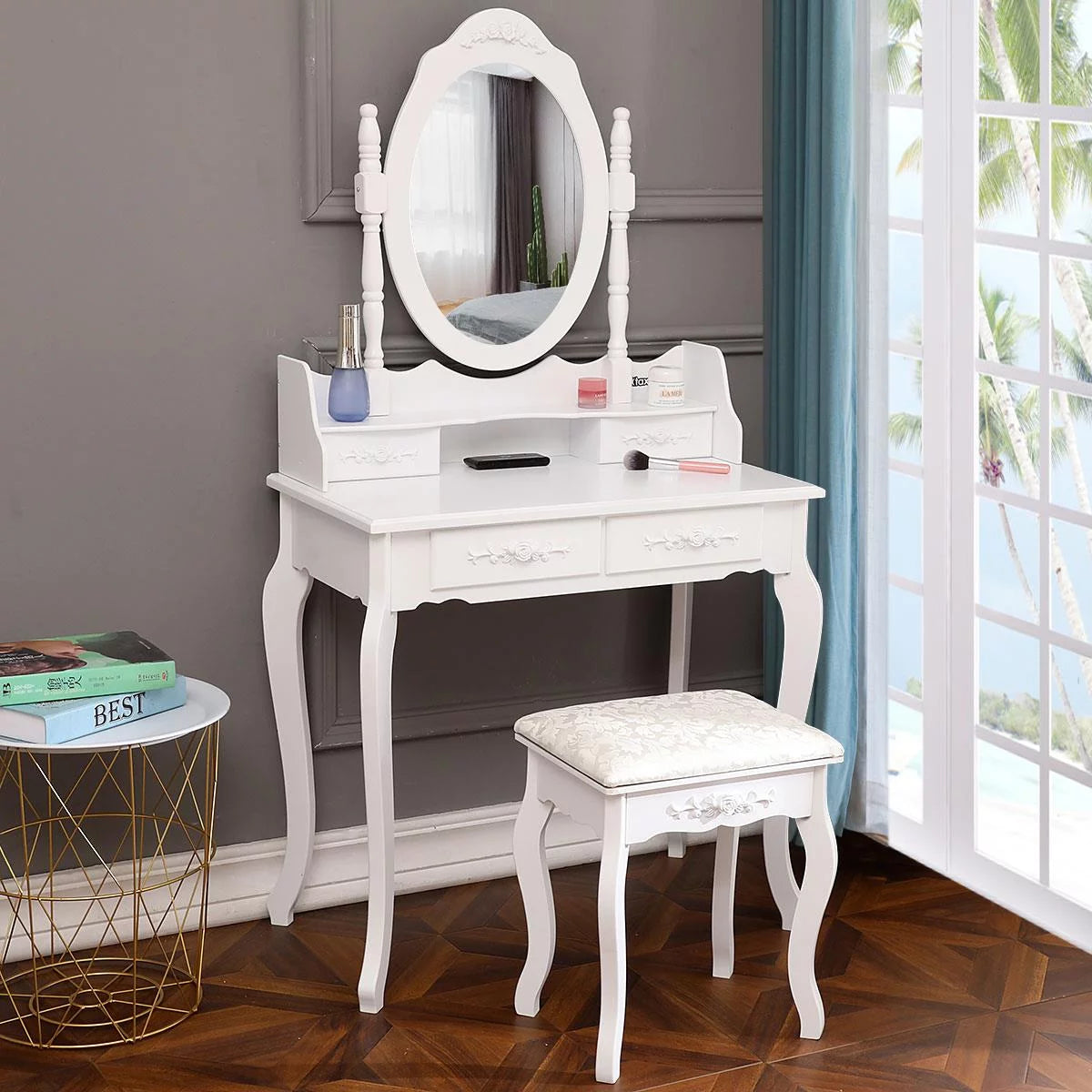 White Vanity Table and Stool Set with 4 Drawers & Mirror O759582