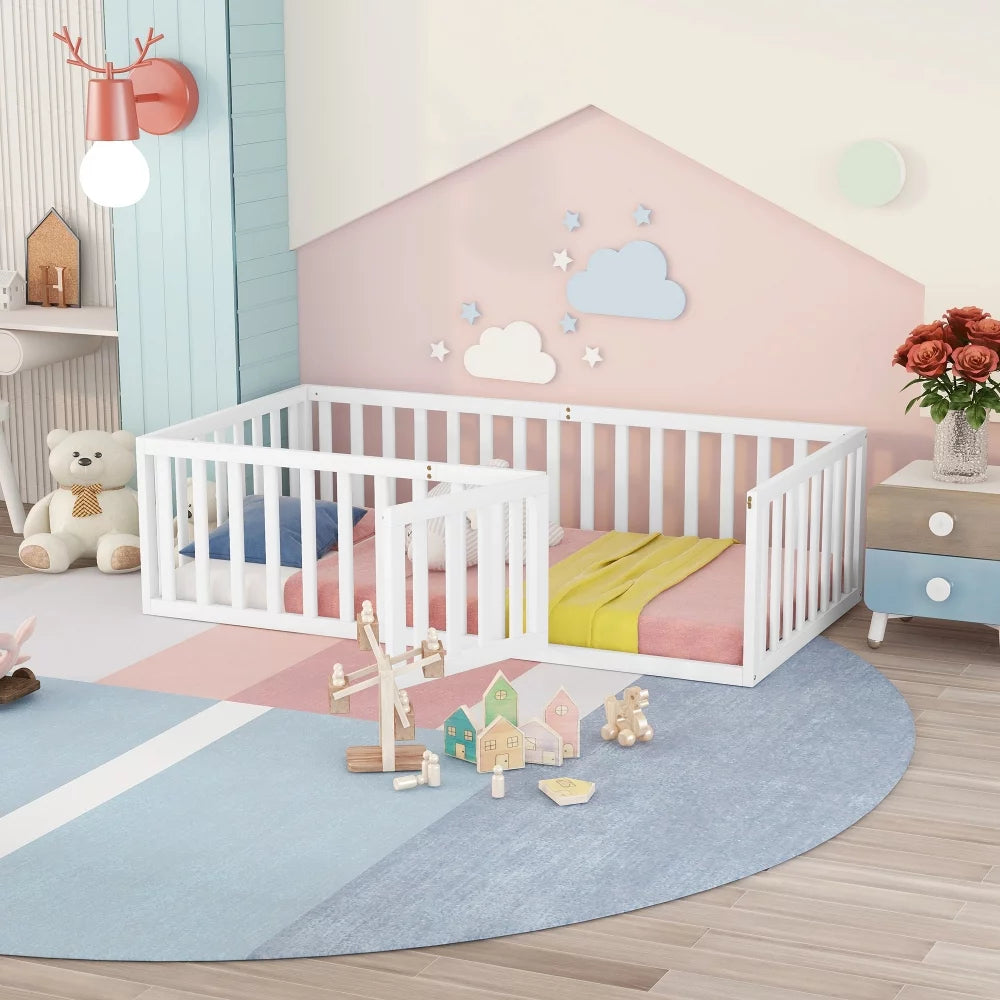 Queen Size Solid Wood Floor Bed Frame with Fence Rail and Door G709