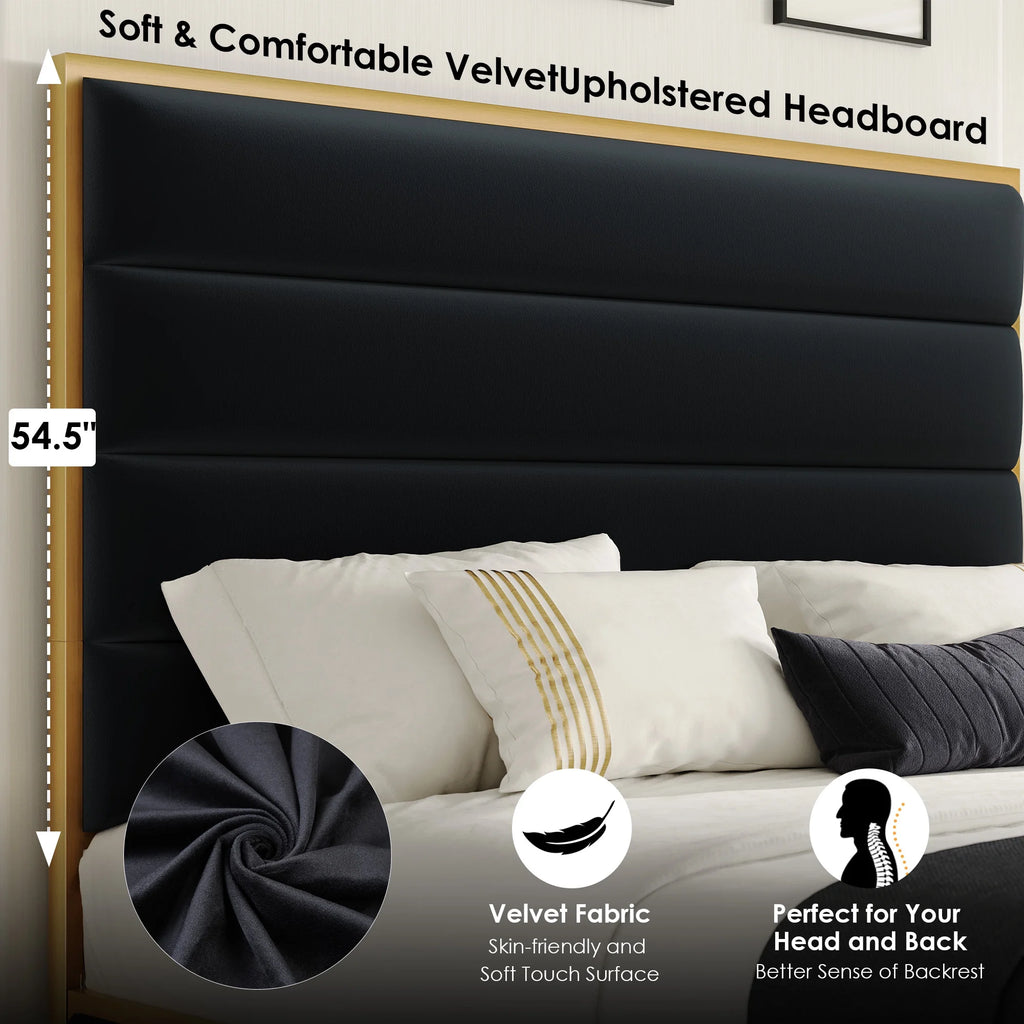 Queen Size Black Velvet Upholstered Platform Bed S64284