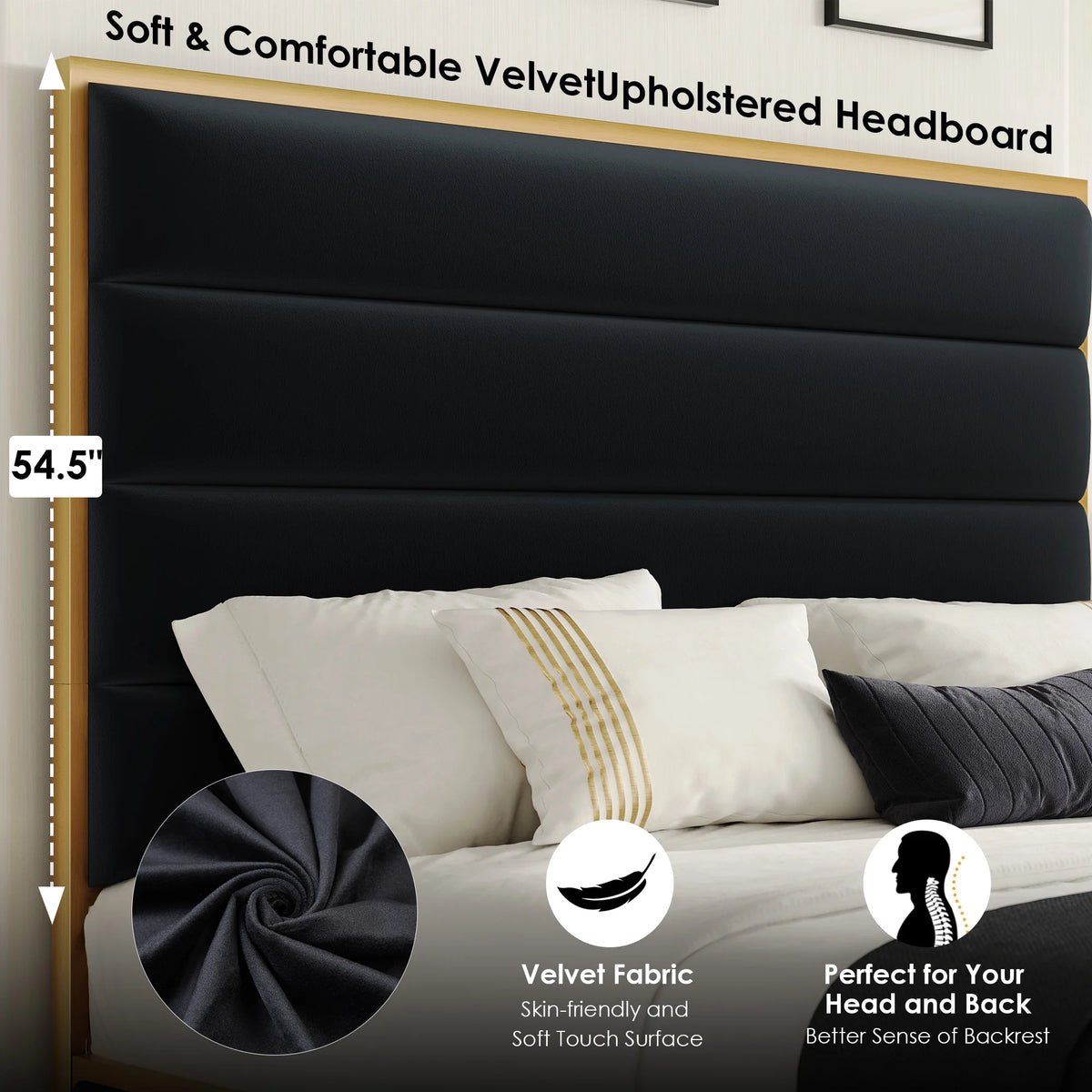 Queen Size Black Velvet Upholstered Platform Bed S64284