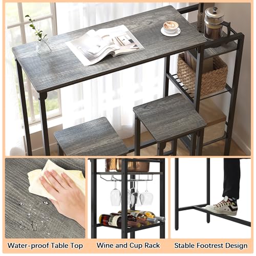 Bar Table and Chairs Set for 2 with 3 Storage Shelves and Wine Rack, Gray R594