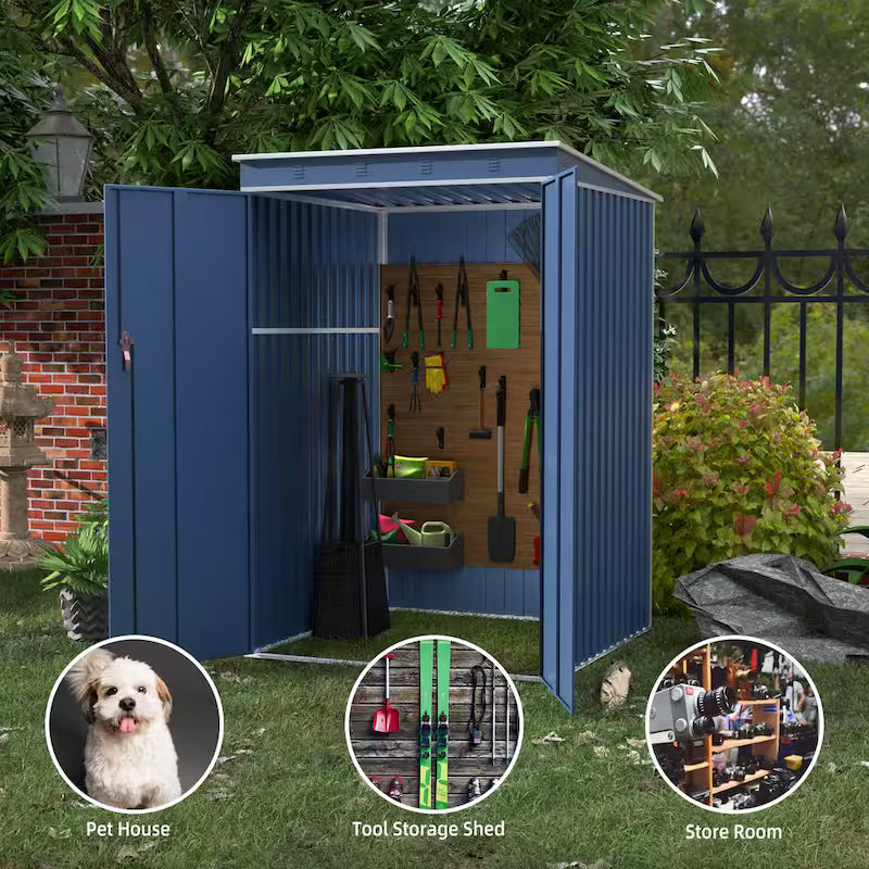 Metal Garden Storage Shed with Sloping Roof in Blue J52635