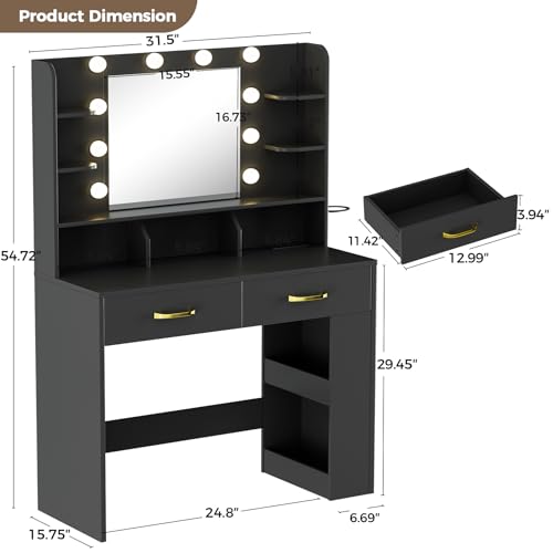 White Vanity Desk with Lighted Mirror and Power Outlet D878749