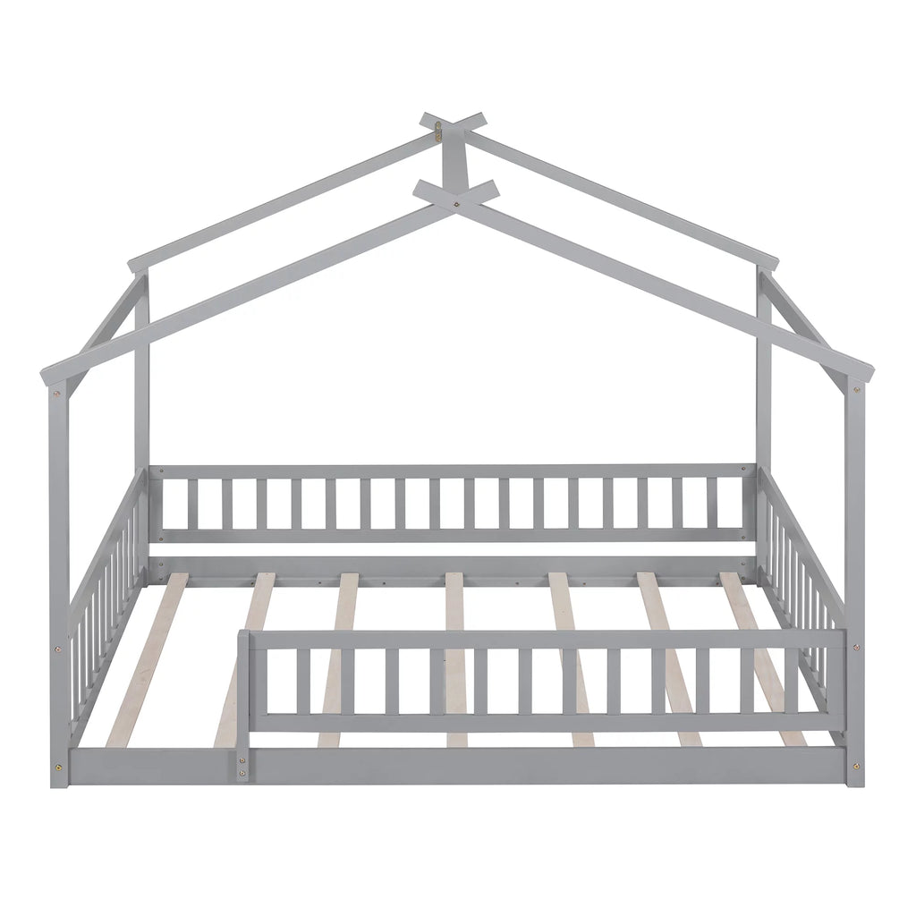 Full Size Wood Floor Bed Frame with Fence Guardrails and House Roof M743