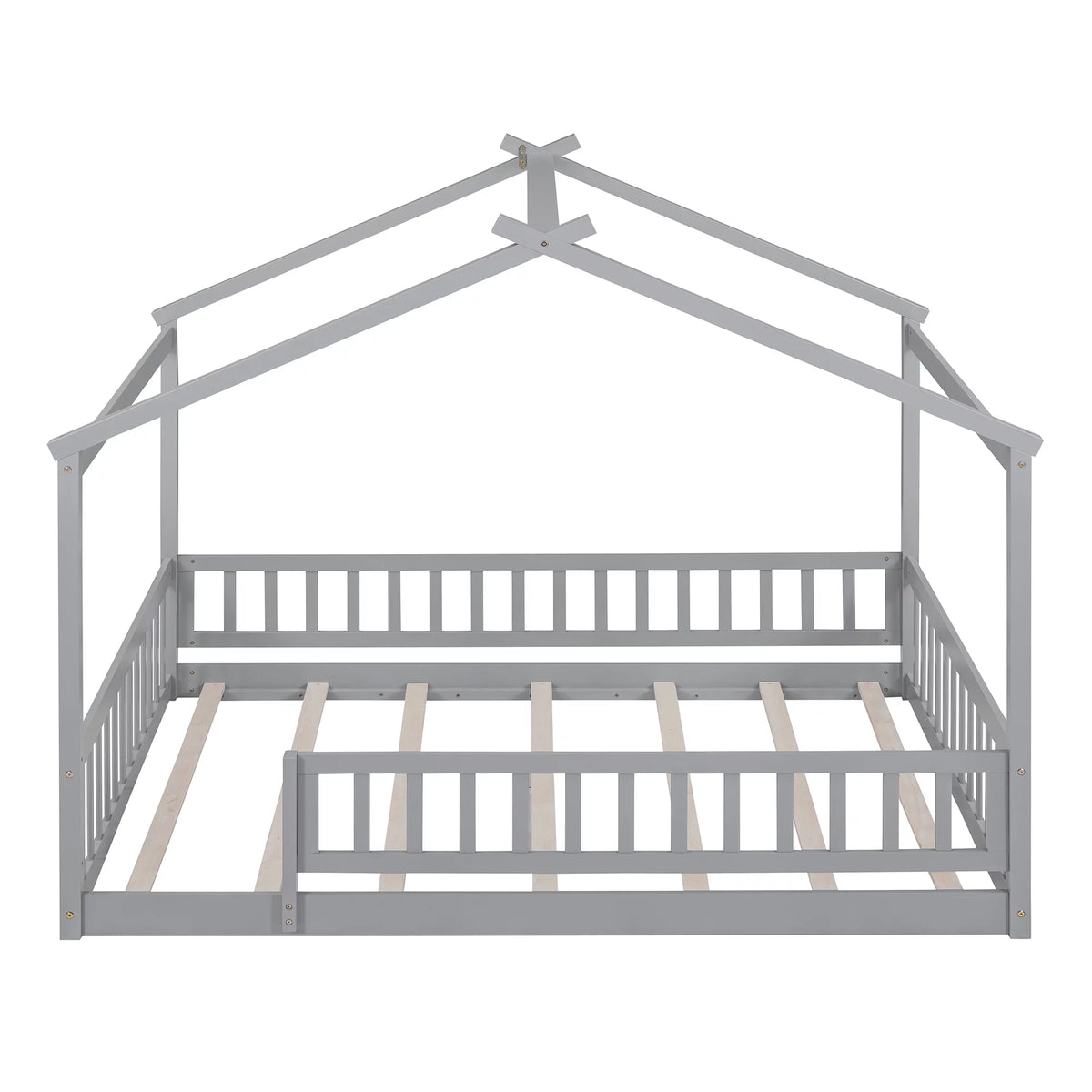 Full Size Wood Floor Bed Frame with Fence Guardrails and House Roof M743