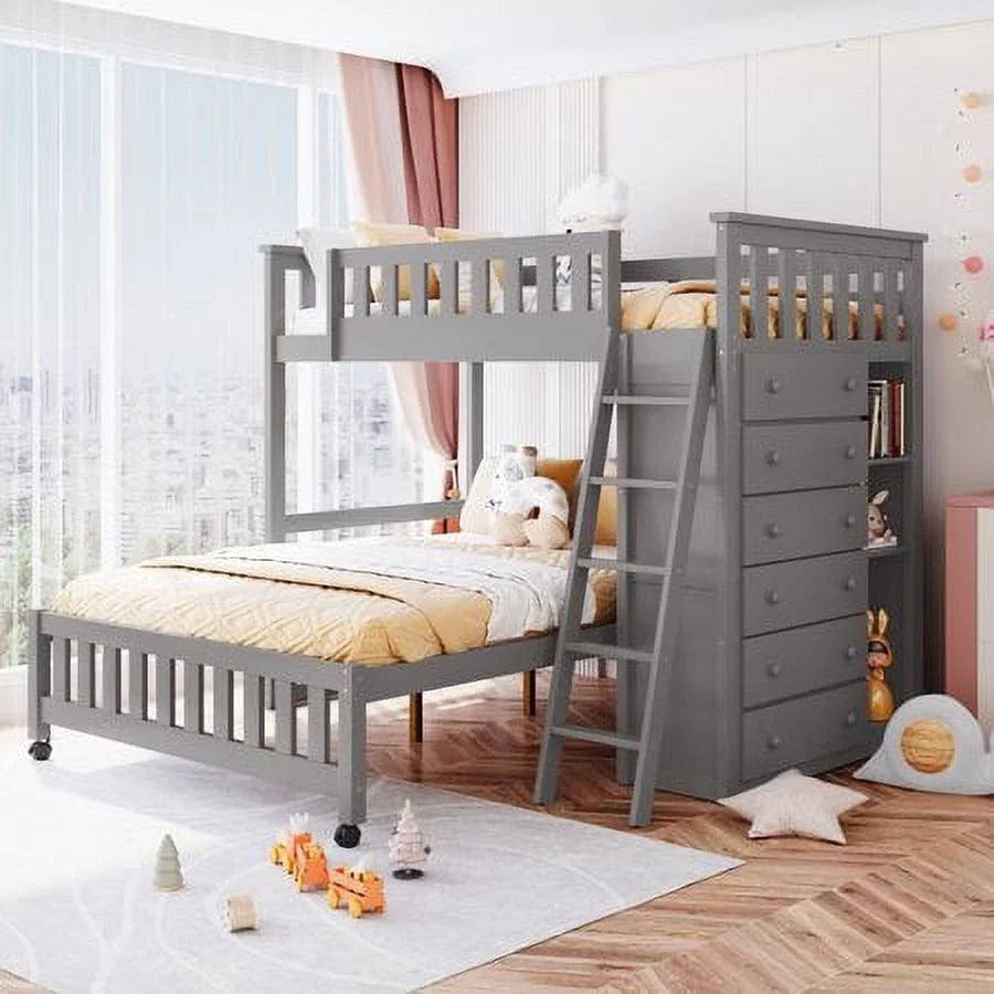Twin Over Full Wooden Bunk Bed with 6 Storage Drawers and 3 Shelves, Gray I2341