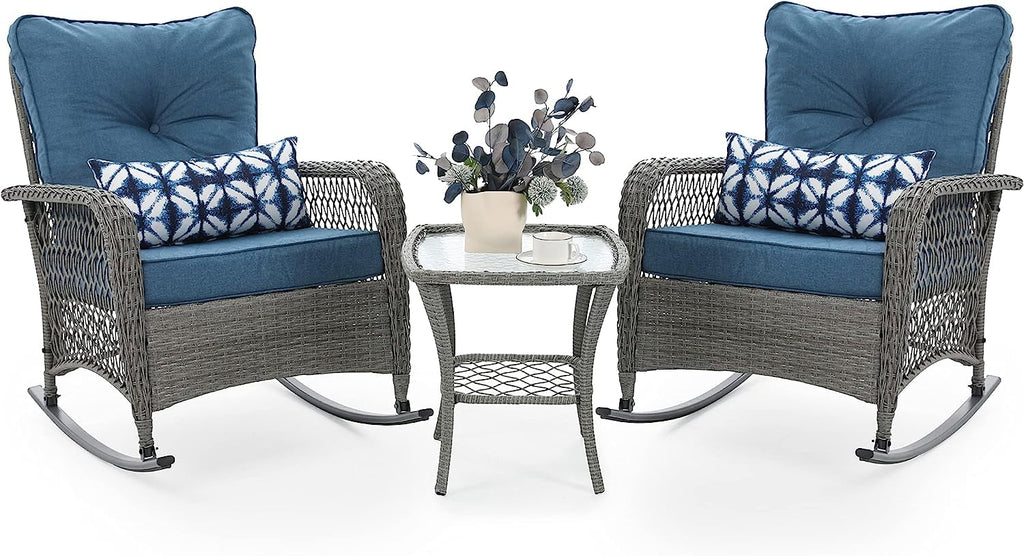 3 Piece Rattan Outdoor Rocking Bistro Set with Cushions E498261