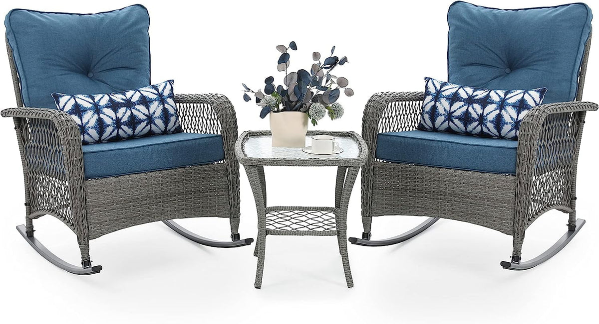 3 Piece Rattan Outdoor Rocking Bistro Set with Cushions E498261