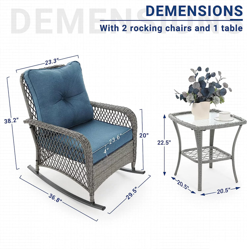 3 Piece Rattan Outdoor Rocking Bistro Set with Cushions E498261