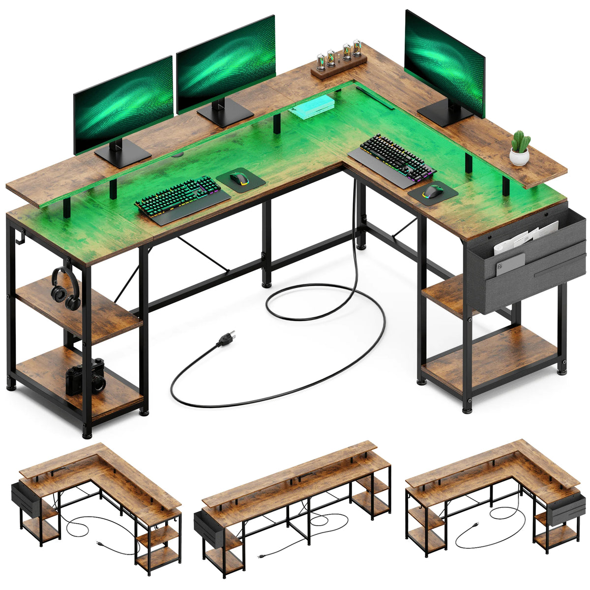 95” L-Shaped Computer Desk with LED Light and Power Outlet, Black F66282