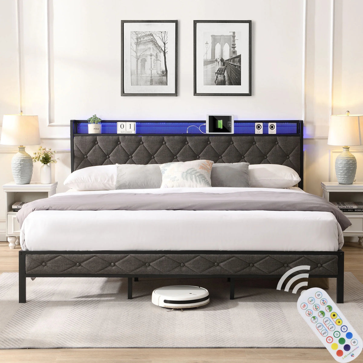 King Bed Frame with Storage Headboard and LED Lights K24238