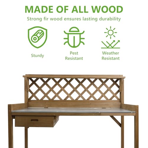 Wooden Potting Bench with Metal Table Top, Drawer and Shelf Q718461