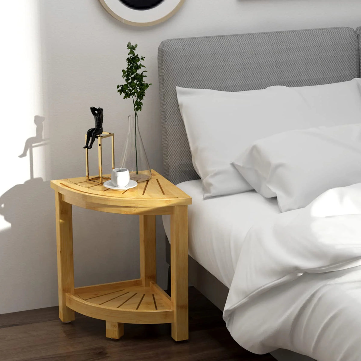 Bamboo Corner Shower Stool with Storage Shelf and Soap Dish E87719