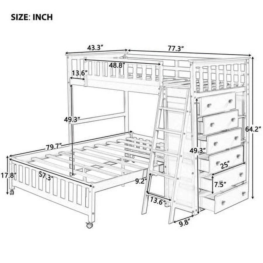 Twin Over Full Wooden Bunk Bed with 6 Storage Drawers and 3 Shelves, Gray I2341
