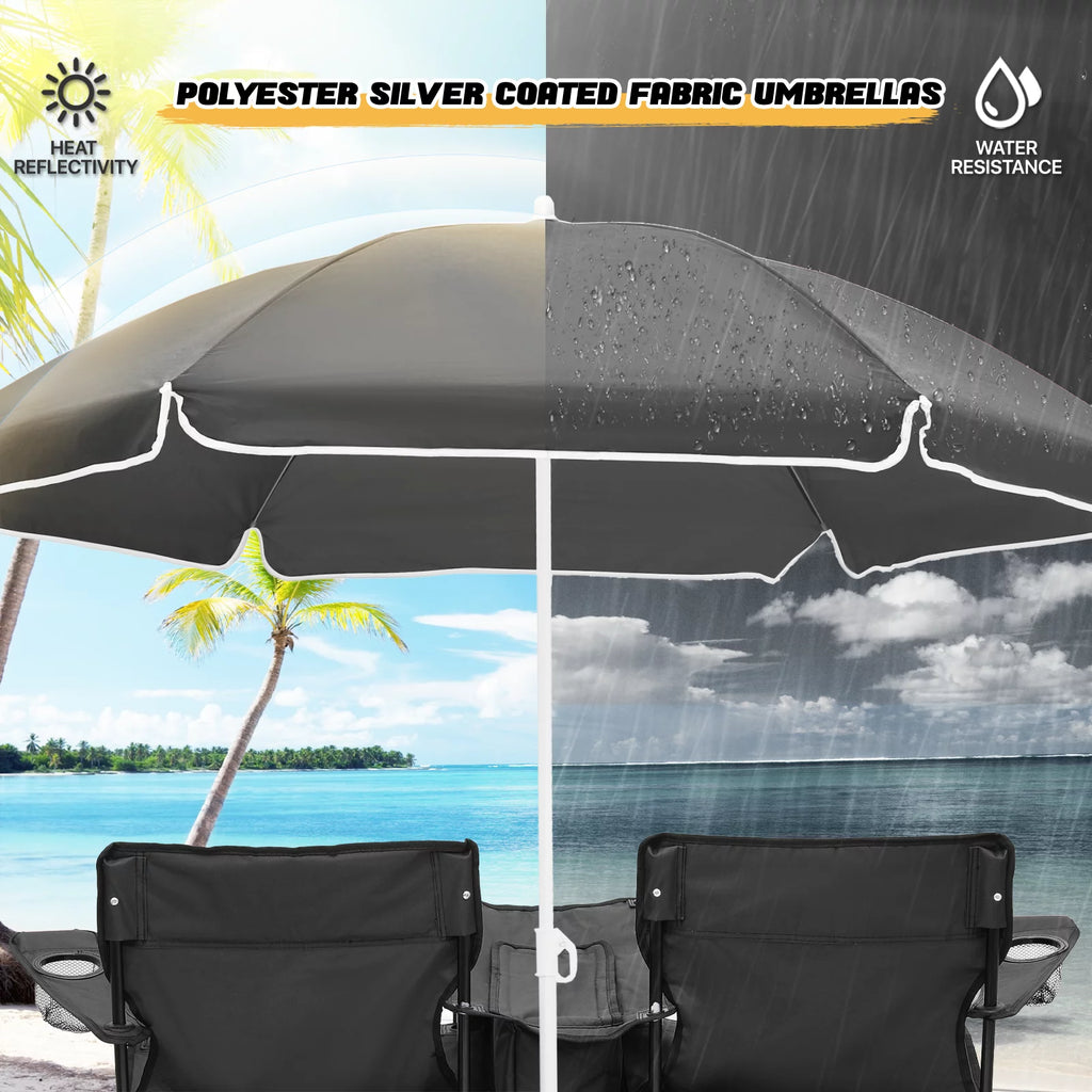 Portable Double Folding Chair with Umbrella, Cooler Bag & Carry Bag, Black H695