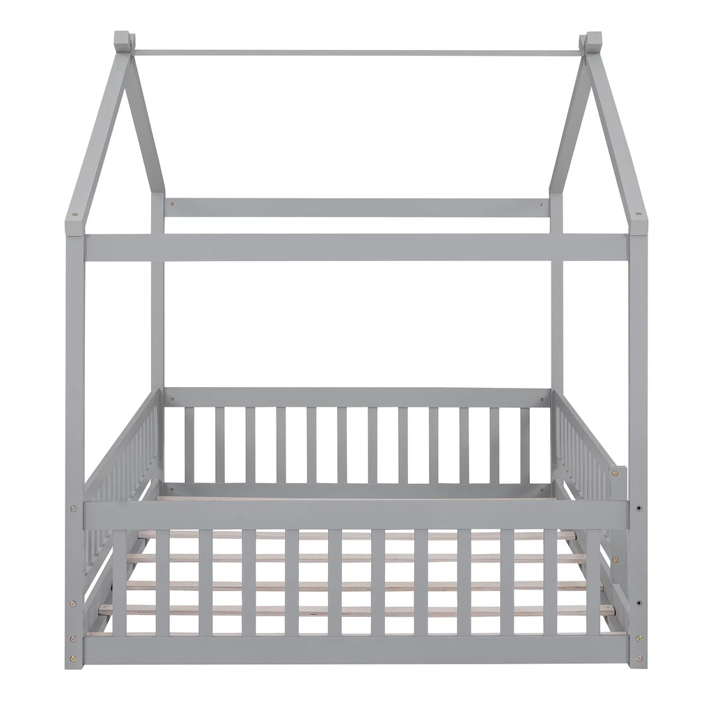 Full Size Wood Floor Bed Frame with Fence Guardrails and House Roof M743