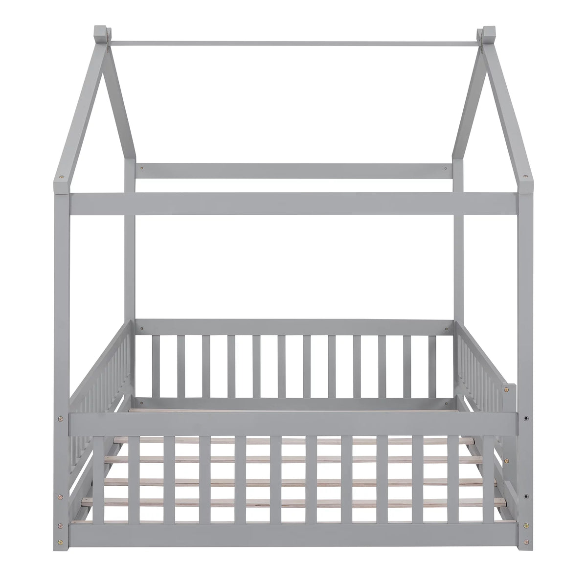 Full Size Wood Floor Bed Frame with Fence Guardrails and House Roof M743