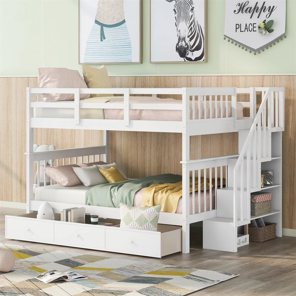 White Full over Full Stairway Bunk Bed with Drawer W81097