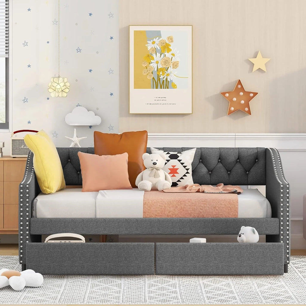 Upholstered Wooden Daybed with Storage and 2 Drawers W3230