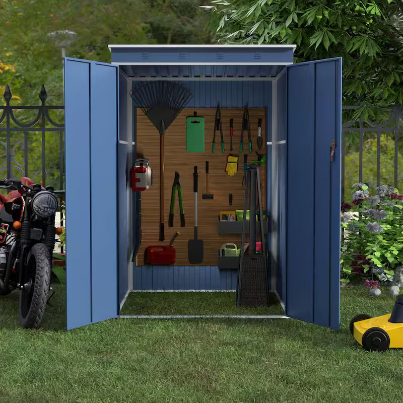Metal Garden Storage Shed with Sloping Roof in Blue J52635