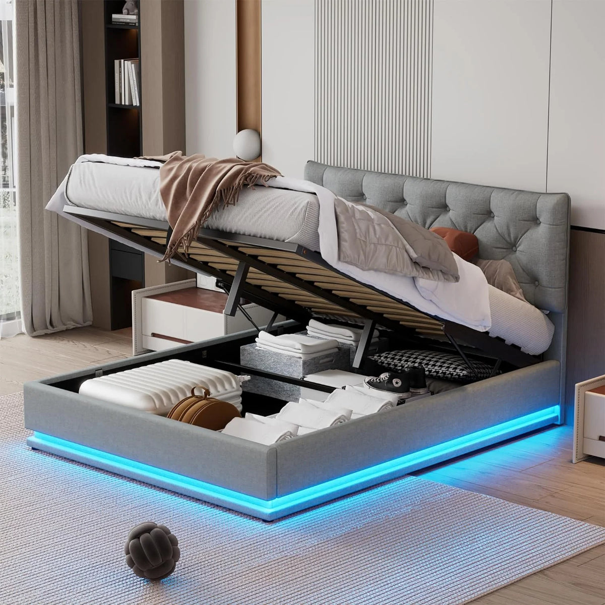 Queen Upholstered Bed with Lift Up Storage and LED Light X592359