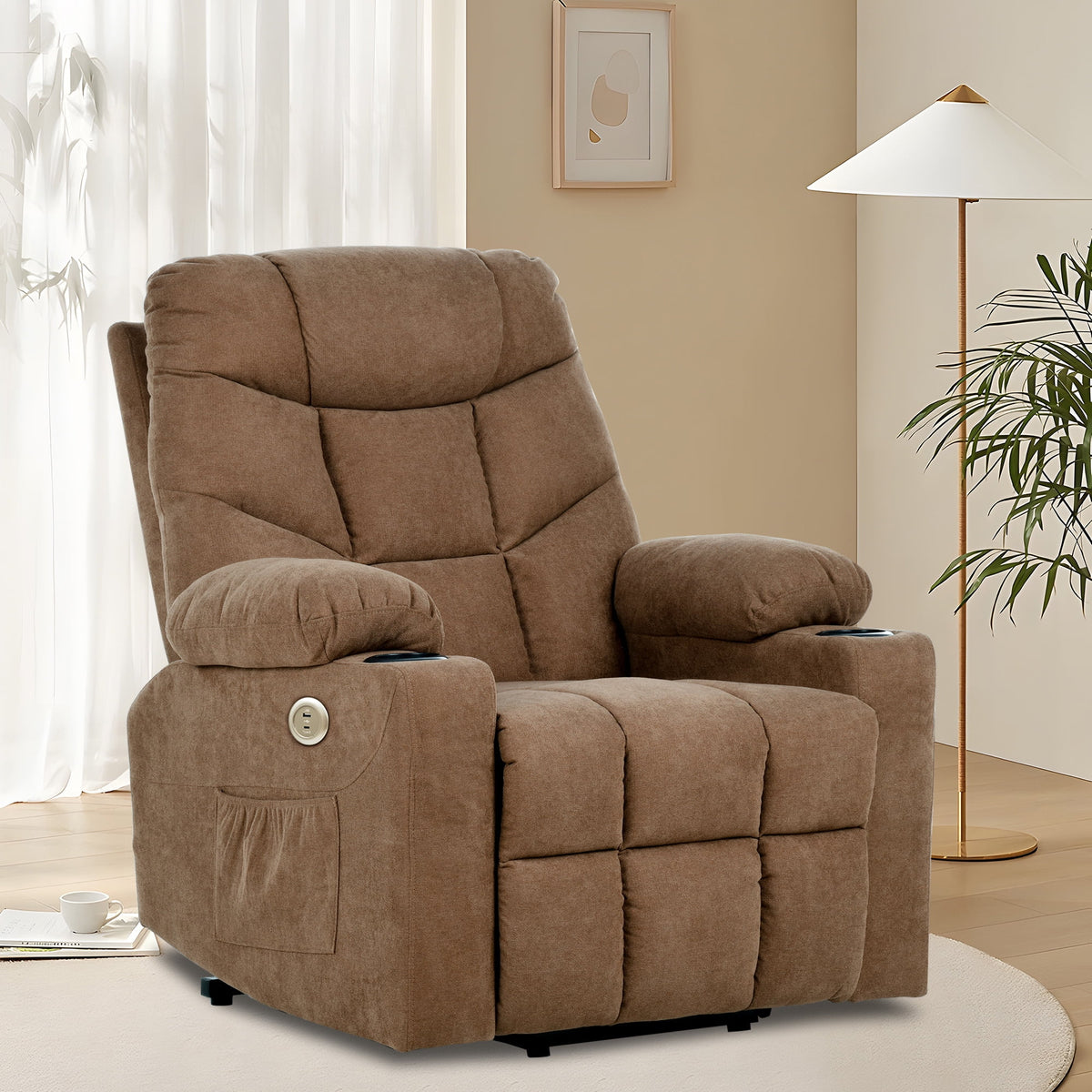 Brown Fabric Power Lift Recliner Chair with Massage and Heat M7888