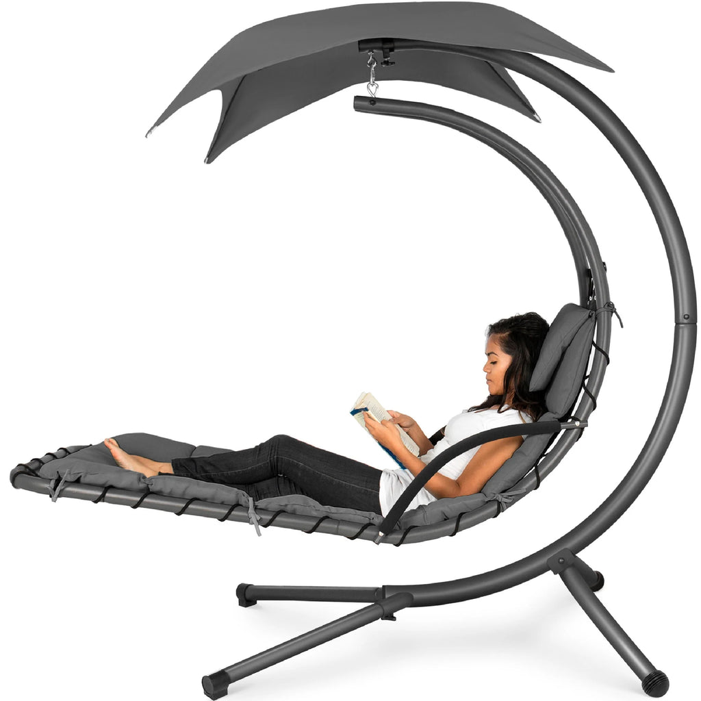 Hanging Curved Chaise Lounge Chair Swing with Pillow, Shade, Stand F928338