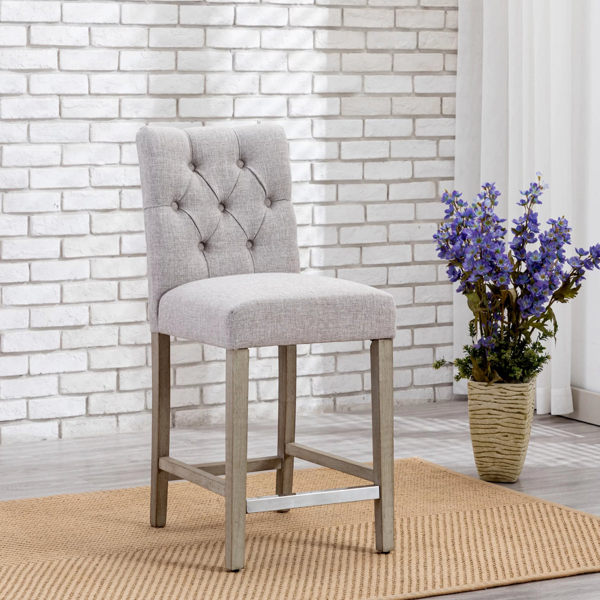 Light Gray Linen Upholstered Counter Height Bar Stools with Back L498518
