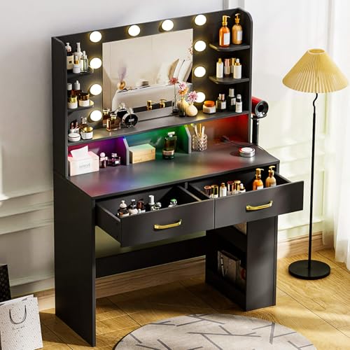 White Vanity Desk with Lighted Mirror and Power Outlet D878749