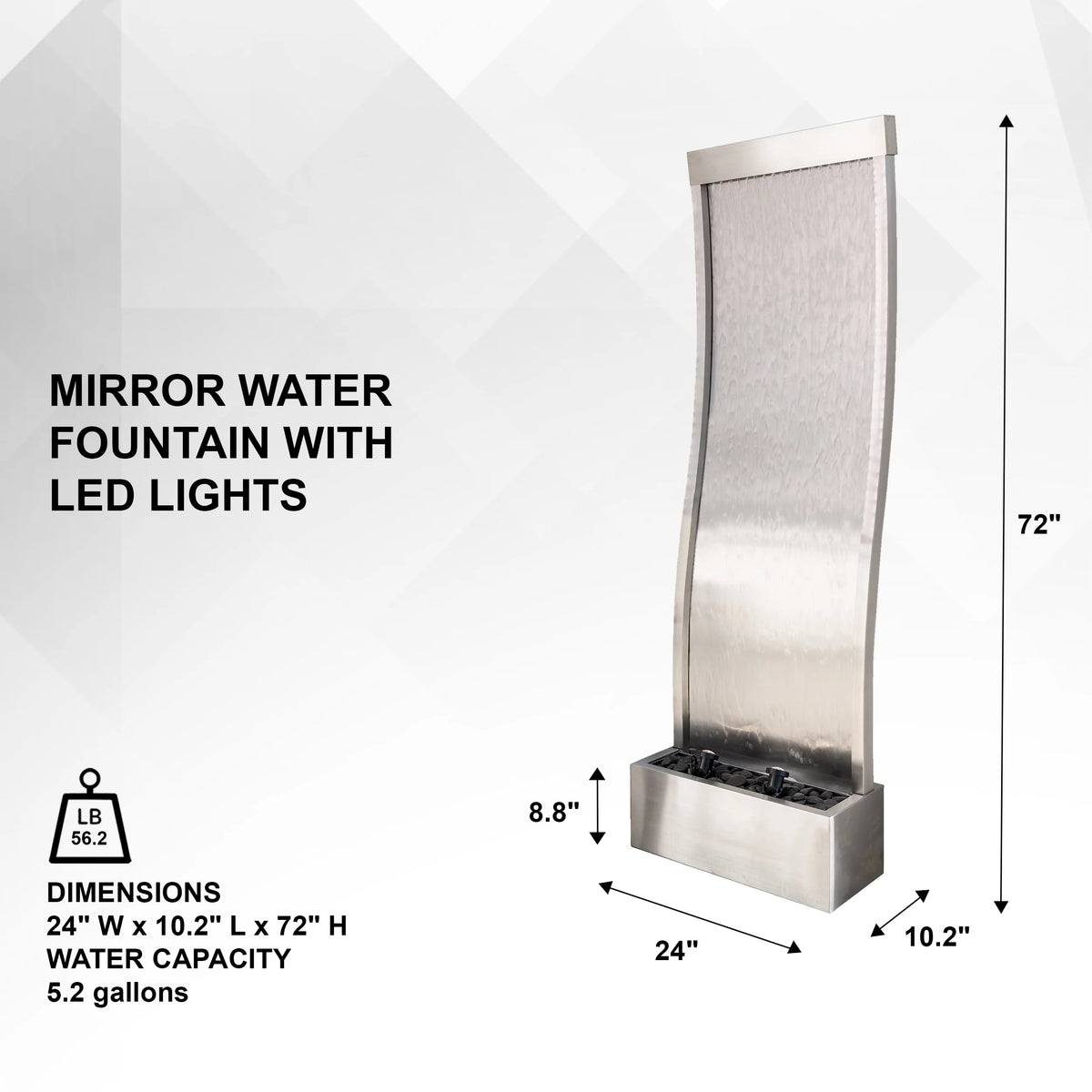 72" Steel Glass Mirror Fountain with Pump LED Lights and Rocks B570